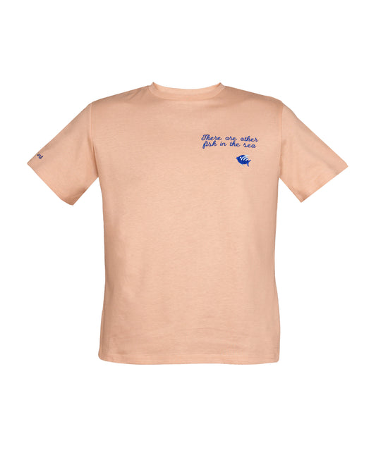 T-shirt in cotone nocciola con ricamo Fish in the sea